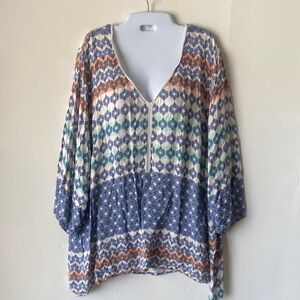 Democracy Cream & Blue Printed Boho Top coastal Cottagecore beachy